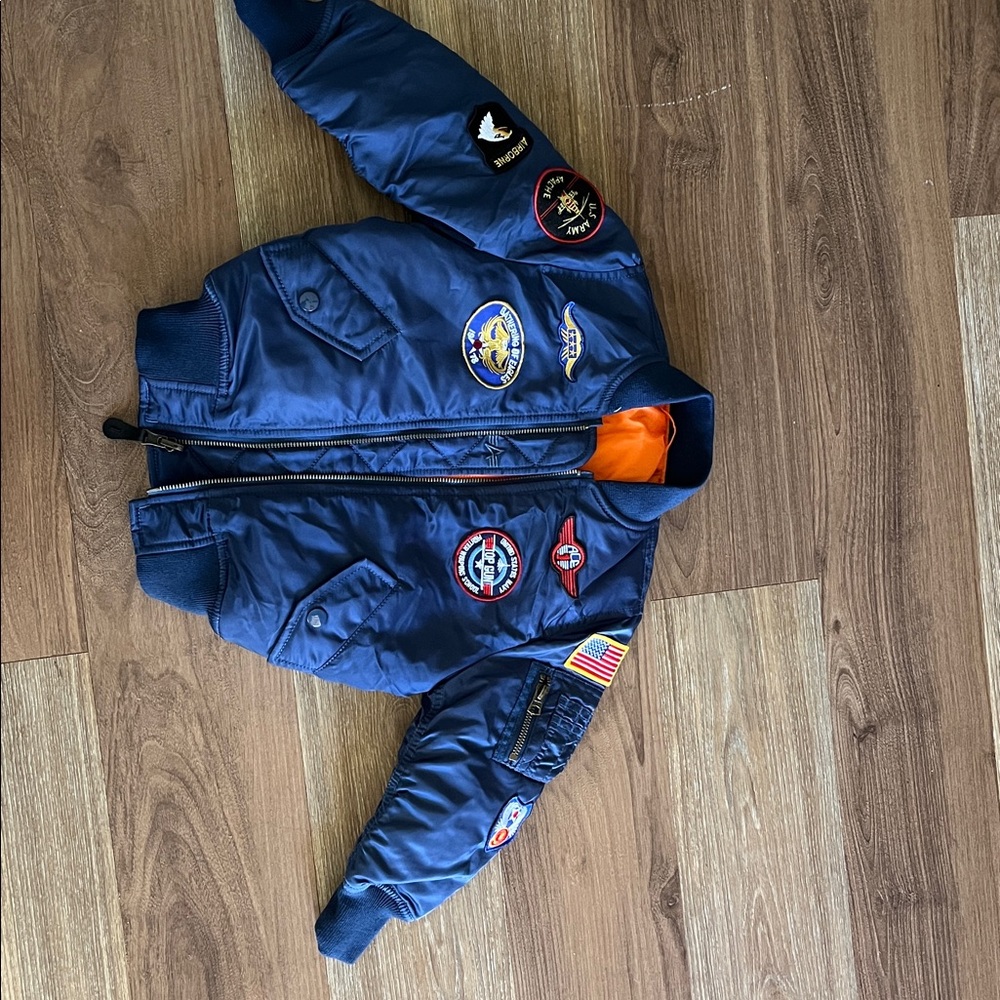 Alpha Navy Blue Bomber Jacket with Patches - size 3T